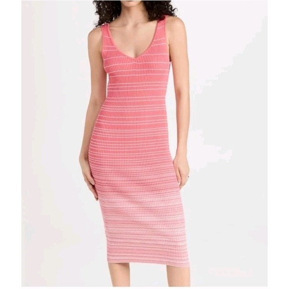 NWT STAUD Dana Dress Sz‎ XL Pink White Ombre Striped Ribbed Knit Midi Stretch - Picture 1 of 13